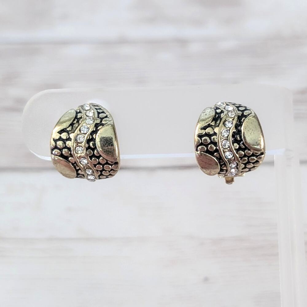 Vintage Clip On Earrings - Statement Curved Gold Tone & Clear Gem Just Over 5/8"